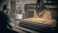 AI generated image of a CNC machine (and operator.)